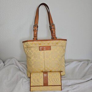 Coach Yellow and Brown Signature Tote and Wallet Set